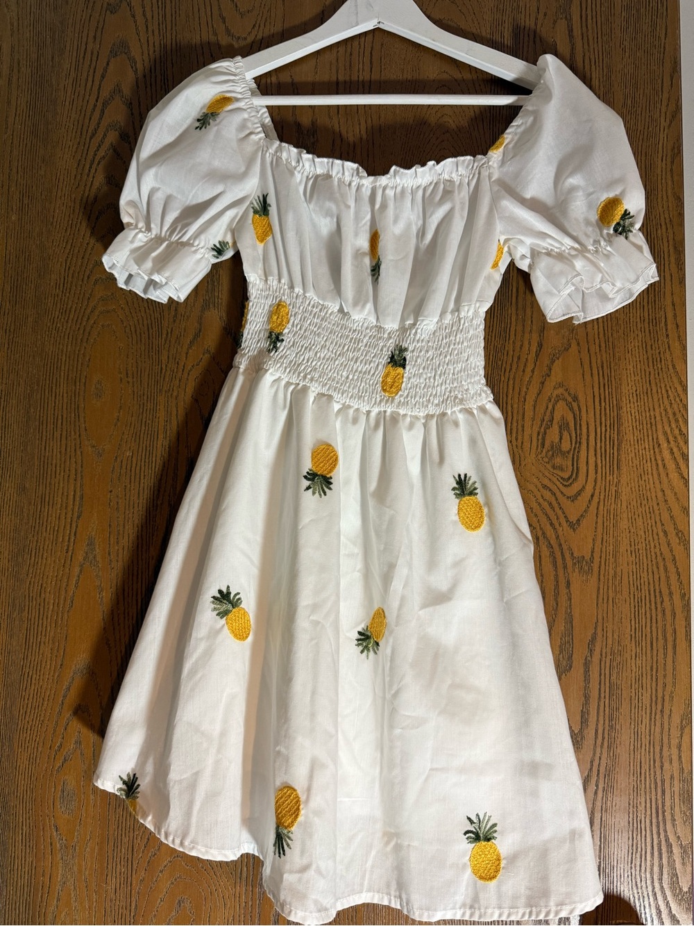 White Pineapple Embroidered Smocked Dress